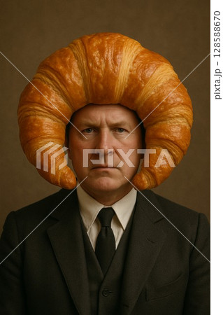 クロワッサンをかぶった男性のユニークなポートレート｜シュールで遊び心のある人物写真 128588670