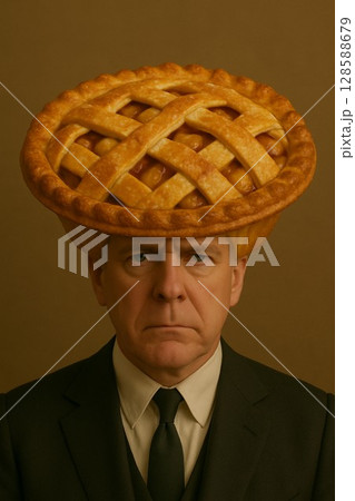 焼きたてパイを頭に乗せたスーツ姿の男性が無表情で佇む、風刺的でユーモラスなコンセプト人物アート 128588679