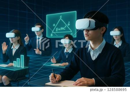 VRゴーグルを着用して仮想空間で数学を学ぶ制服姿の学生たちによる近未来型デジタル授業のイメージ 128588695