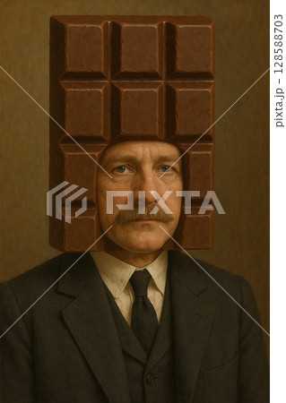 板チョコレートのかぶり物をかぶったスーツ姿の男性が無表情で佇む、風刺的でユーモラスなコンセプトアート 128588703
