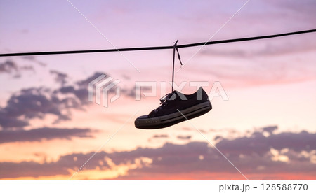 Abandoned Shoe Hangs from a Cable at Sunset 128588770