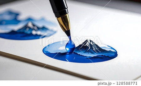 Artistic Blue Ink Painting of Mountain Scenery 128588771