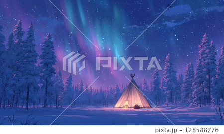 オーロラに彩られた冬の夜:神秘的なサーミのテントと雪の森 オーロラに彩られた冬の夜:神秘的なサーミのテントと雪の森 128588776