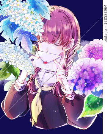 セーラー服のみつあみの女子学生　涙　失恋　紫陽花 128588964