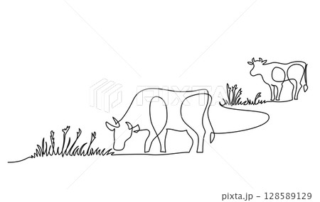 Cows on pasture. Continuous one line drawing. Cow milk farm concept in simple linear style. 128589129