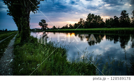 sunset over river 128589178