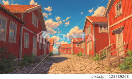 伝統的なスウェーデンの村：魅惑的な赤い家々と石畳の道 128589268