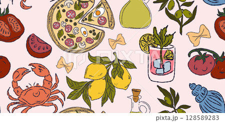 The Dolce Vita collection is a whimsical seamless pattern with vibrant color accents, inspired by the Mediterranean lifestyle. Hand-drawn sketch style The Dolce Vita collection is a whimsical seamless pattern with vibrant color accents, inspired by the Mediterranean lifestyle. Hand-drawn sketch style 128589283