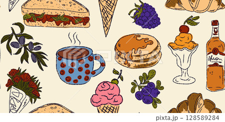 The Dolce Vita collection is a whimsical seamless pattern with vibrant color accents, inspired by the Mediterranean lifestyle. Hand-drawn sketch style The Dolce Vita collection is a whimsical seamless pattern with vibrant color accents, inspired by the Mediterranean lifestyle. Hand-drawn sketch style 128589284