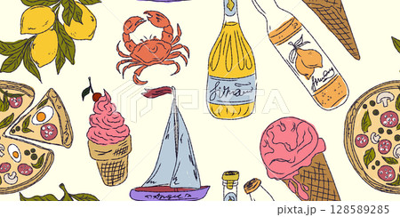 The Dolce Vita collection is a whimsical seamless pattern with vibrant color accents, inspired by the Mediterranean lifestyle. Hand-drawn sketch style 128589285
