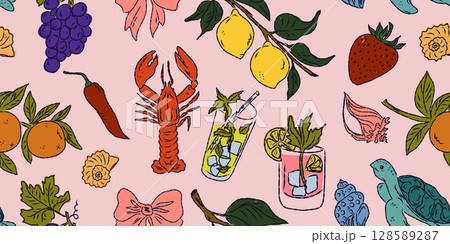 The Dolce Vita collection is a whimsical seamless pattern with vibrant color accents, inspired by the Mediterranean lifestyle. Hand-drawn sketch style 128589287