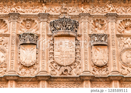 Detailed carvings and royal coats of arms on the facade of the Universidad de Salamanca in Spain Detailed carvings and royal coats of arms on the facade of the Universidad de Salamanca in Spain 128589511