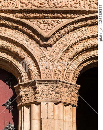 Intricate stone carvings of historic architecture in Salamanca, Spain showcasing stunning details 128589557