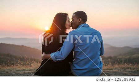 A couple shares a romantic sunset kiss on a hillside with panoramic views of rolling hills. The setting sun creates a serene gradient sky, adding warmth to the intimate moment 128589932