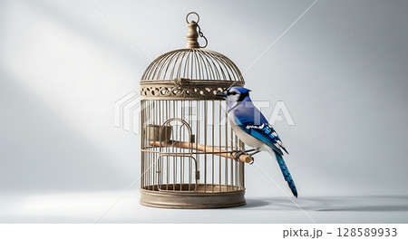 Elegant metal birdcage with intricate design housing a small wooden perch inside; a vibrant blue jay with striking blue and white feathers perched outside the cage entrance 128589933