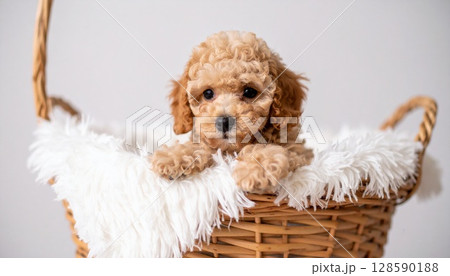 バスケットの中に入ったつぶらな目のトイプードル バスケットの中に入ったつぶらな目のトイプードル 128590188