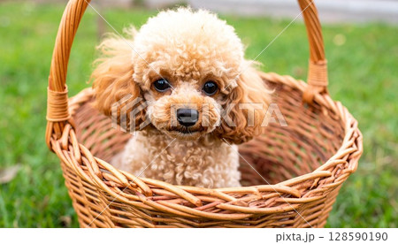 バスケットの中に入ったつぶらな目のトイプードル バスケットの中に入ったつぶらな目のトイプードル 128590190