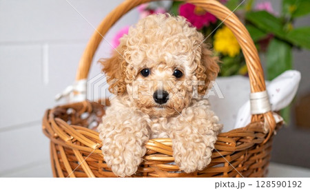バスケットの中に入ったつぶらな目のトイプードル バスケットの中に入ったつぶらな目のトイプードル 128590192