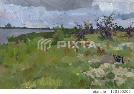 landscape, picture of nature, oil painting, handmade drawing 128590206