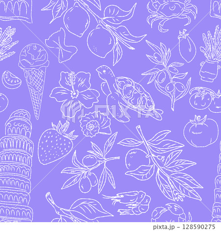 Seamless pattern of hand drawn summer food icons. Mediterranean dolce vita. Sketchy, whimsical style. Seamless pattern of hand drawn summer food icons. Mediterranean dolce vita. Sketchy, whimsical style. 128590275