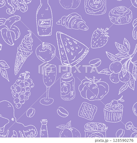 Seamless pattern of hand drawn summer food icons. Mediterranean dolce vita. Sketchy, whimsical style. 128590276
