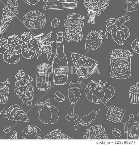Seamless pattern of hand drawn summer food icons. Mediterranean dolce vita. Sketchy, whimsical style. 128590277