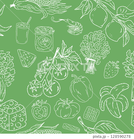 Seamless pattern of hand drawn summer food icons. Mediterranean dolce vita. Sketchy, whimsical style. 128590278