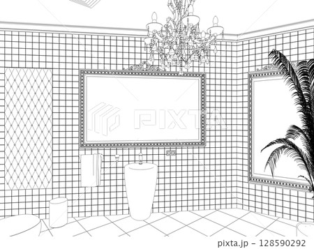 restroom, contour visualization, 3D illustration, sketch, outline restroom, contour visualization, 3D illustration, sketch, outline 128590292