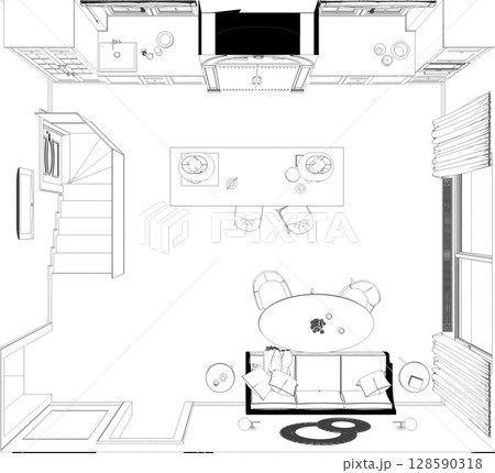 interior contour visualization, 3D illustration, sketch, outline 128590318