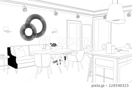 interior contour visualization, 3D illustration, sketch, outline interior contour visualization, 3D illustration, sketch, outline 128590323