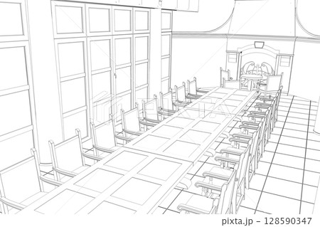 restaurant, 3D illustration, sketch, outline 128590347