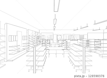 shopping mall, contour visualization, 3D illustration, sketch, outline shopping mall, contour visualization, 3D illustration, sketch, outline 128590378