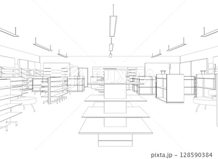 shopping mall, contour visualization, 3D illustration, sketch, outline 128590384