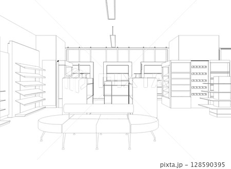 shopping mall, contour visualization, 3D illustration, sketch, outline shopping mall, contour visualization, 3D illustration, sketch, outline 128590395