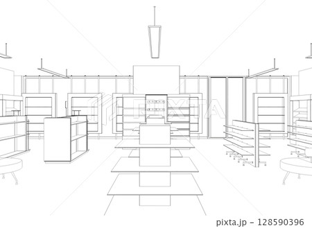 shopping mall, contour visualization, 3D illustration, sketch, outline 128590396