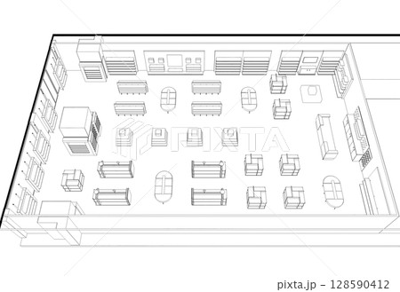 shopping mall, contour visualization, 3D illustration, sketch, outline shopping mall, contour visualization, 3D illustration, sketch, outline 128590412