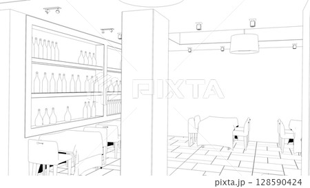 shopping mall, contour visualization, 3D illustration, sketch, outline 128590424