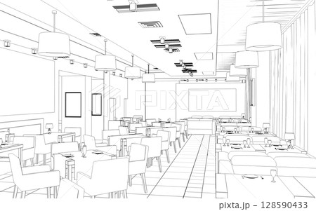 shopping mall, contour visualization, 3D illustration, sketch, outline 128590433