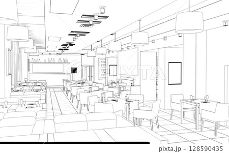 shopping mall, contour visualization, 3D illustration, sketch, outline 128590435