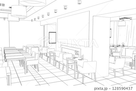 shopping mall, contour visualization, 3D illustration, sketch, outline 128590437