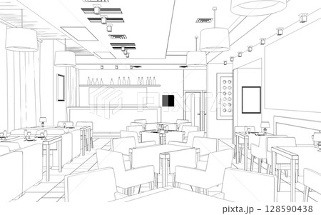 shopping mall, contour visualization, 3D illustration, sketch, outline 128590438