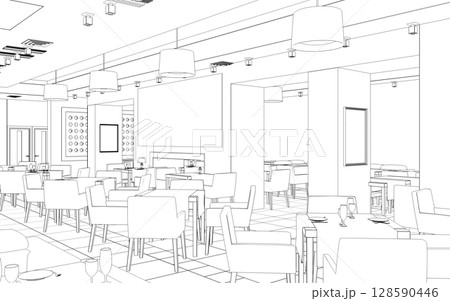 shopping mall, contour visualization, 3D illustration, sketch, outline 128590446