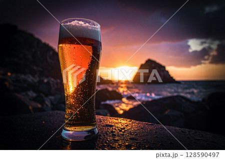 a fresh cold beer at sunset 128590497