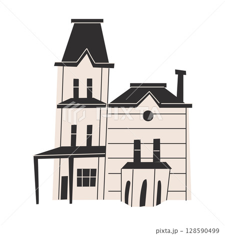 An illustration of a spooky gothic house. Vintage haunted mansion with black roof and beige walls. 128590499