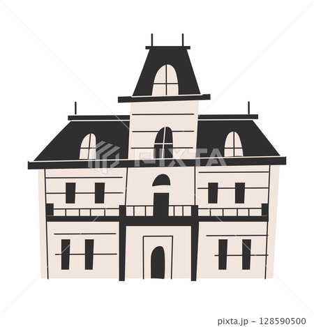 An illustration of a haunted house in gothic style. Spooky vintage mansion with black roof and beige walls. Perfect for Halloween designs, posters, invitations, and seasonal projects. 128590500