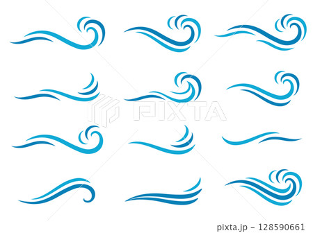 Blue set icons water waves, flowing swirl, splash 128590661
