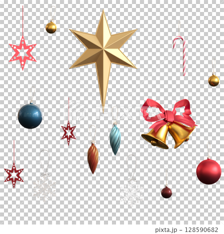 Christmas decorations, New Year's decor, isolate on a transparent background, 3D illustration, cg render Christmas decorations, New Year's decor, isolate on a transparent background, 3D illustration, cg render 128590682