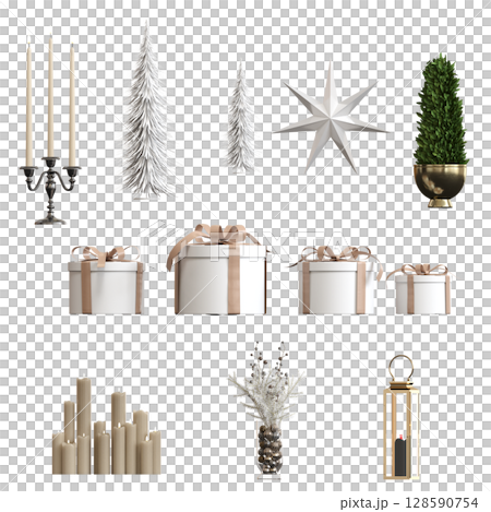 Christmas decorations, New Year's decor, isolate on a transparent background, 3D illustration, cg render Christmas decorations, New Year's decor, isolate on a transparent background, 3D illustration, cg render 128590754