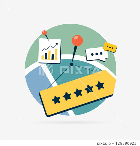Local business reviews with five-star rating, feedback bubbles and geo location markers. Local business reviews and geo targeting strategy. Location marketing and customer feedback analysis icon 128590923