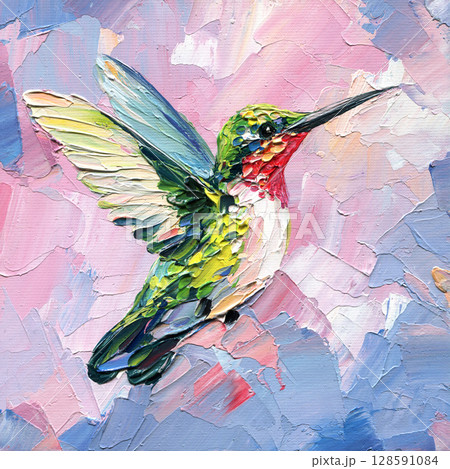 Colorful hummingbird impasto acrylic painting on pink and purple background with bold textured strokes and vibrant feathers 128591084